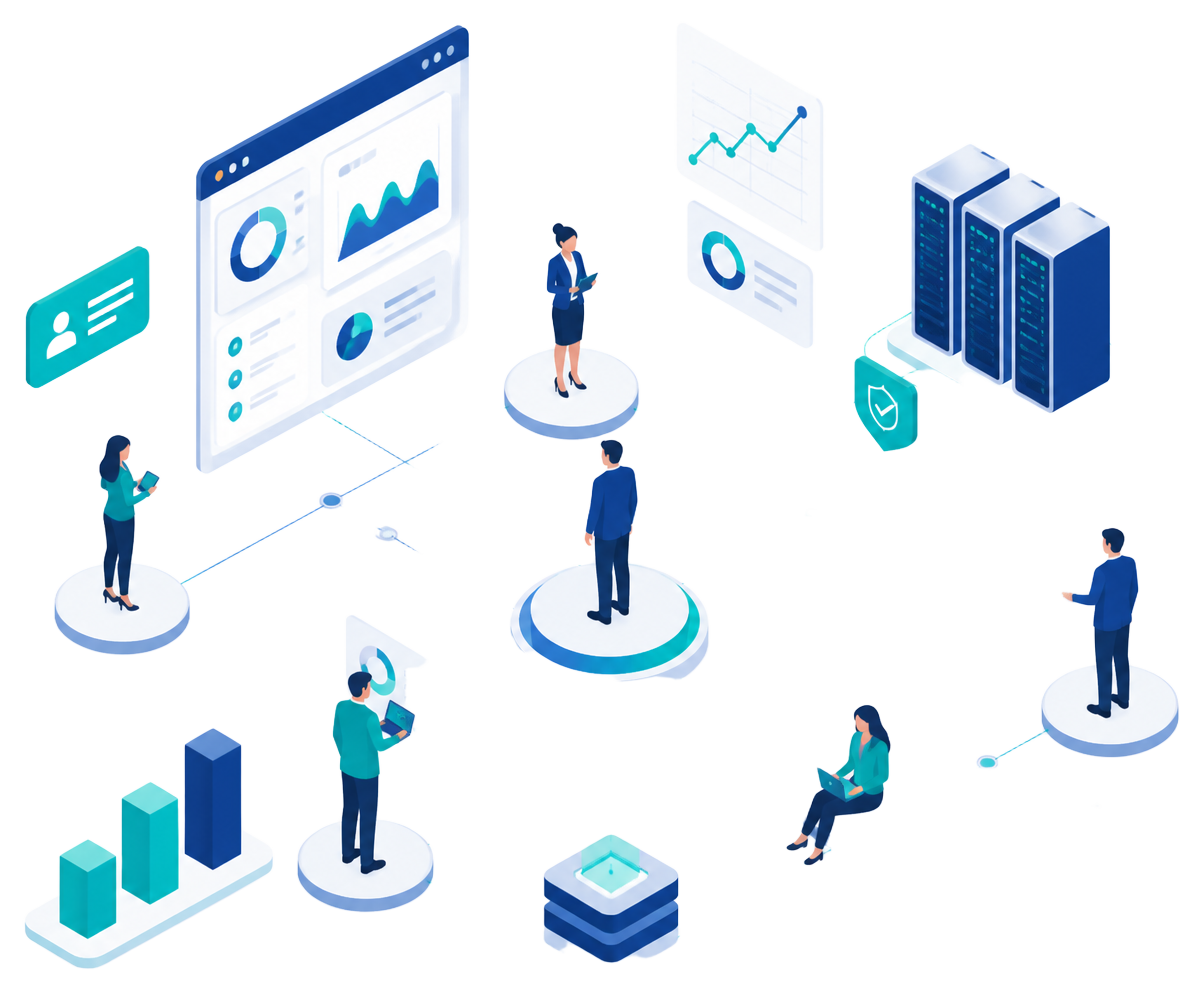 Isometric illustration of an enterprise workforce network, dashboards and infrastructure